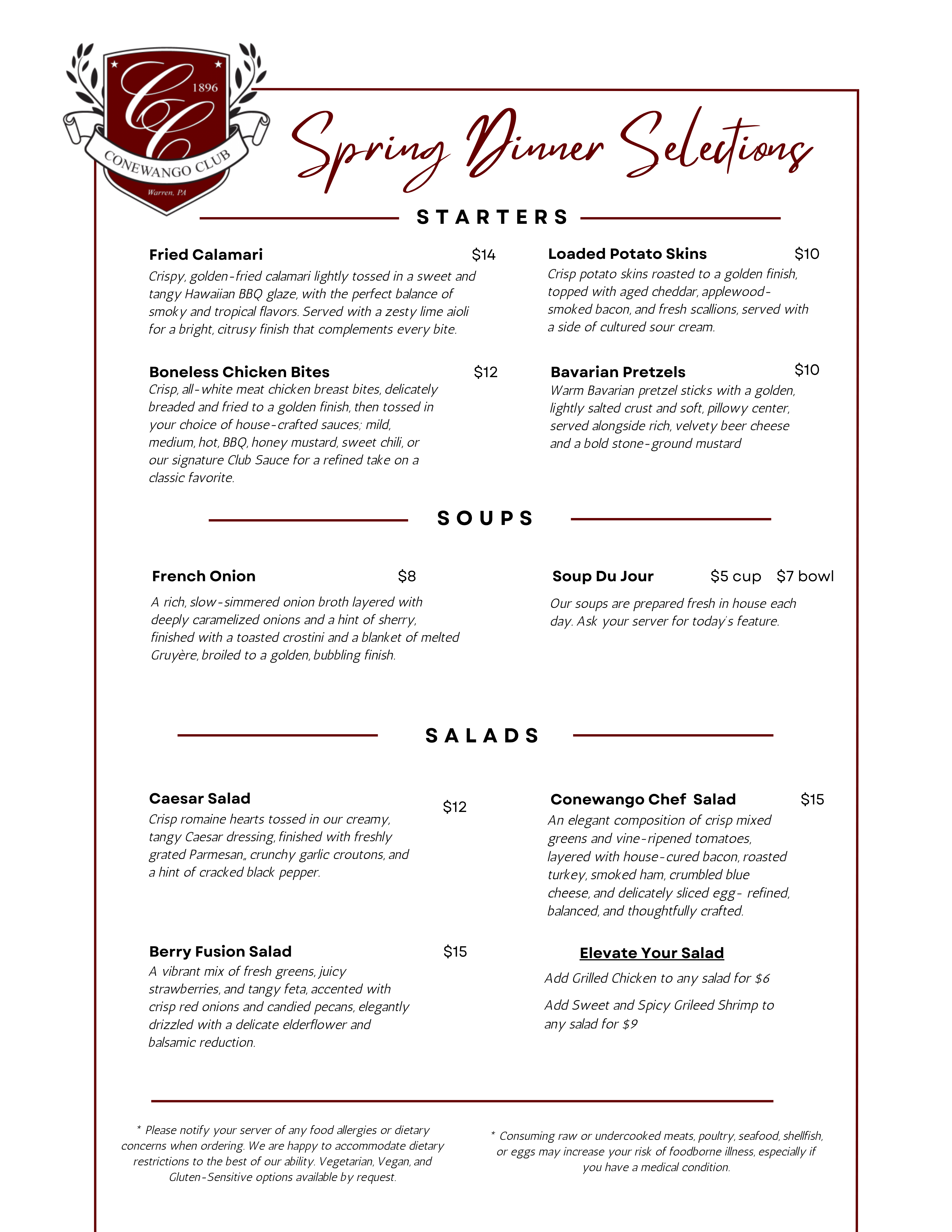 Spring 2026 Conewango Club Dinner Menu Page 1