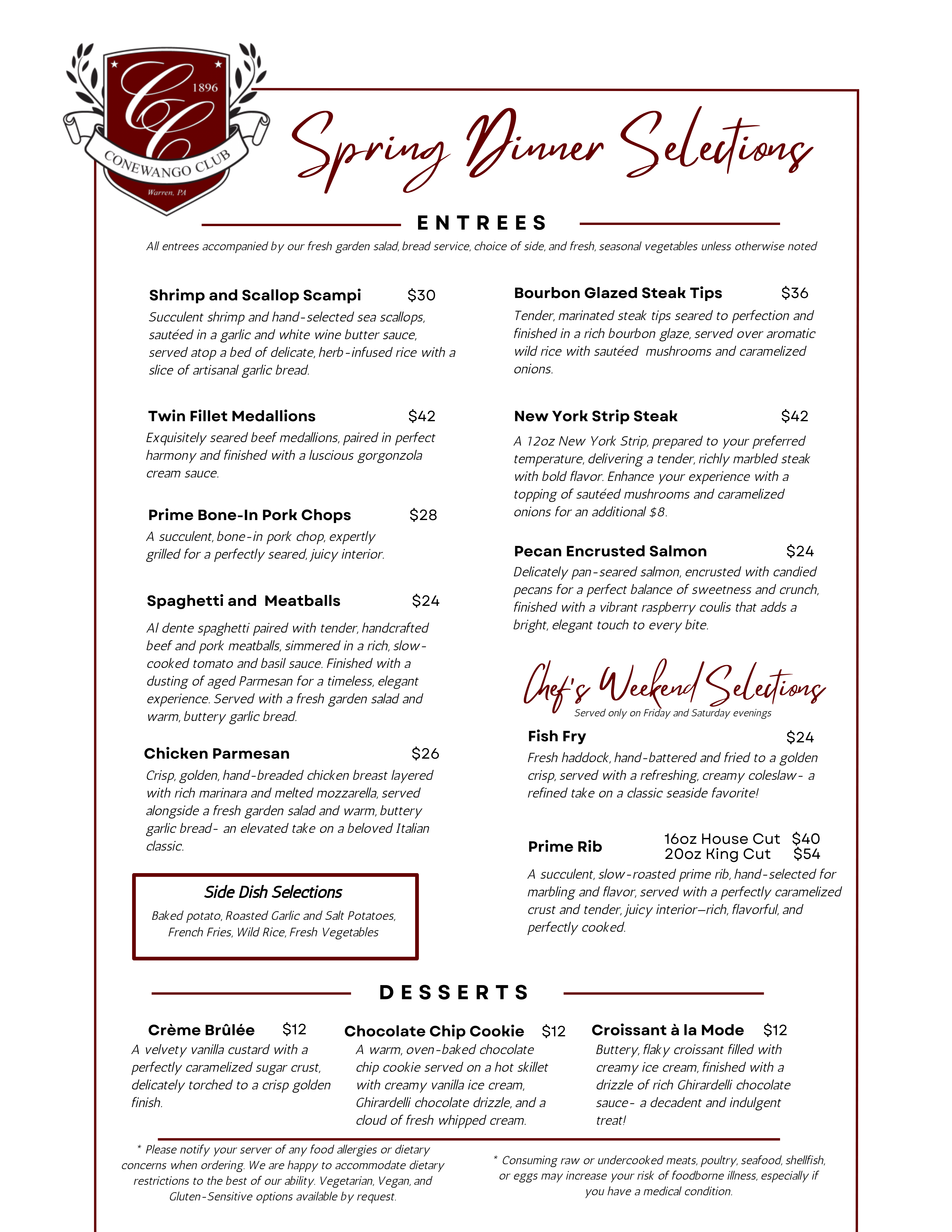 Spring 2026 Conewango Club Dinner Menu Page 2
