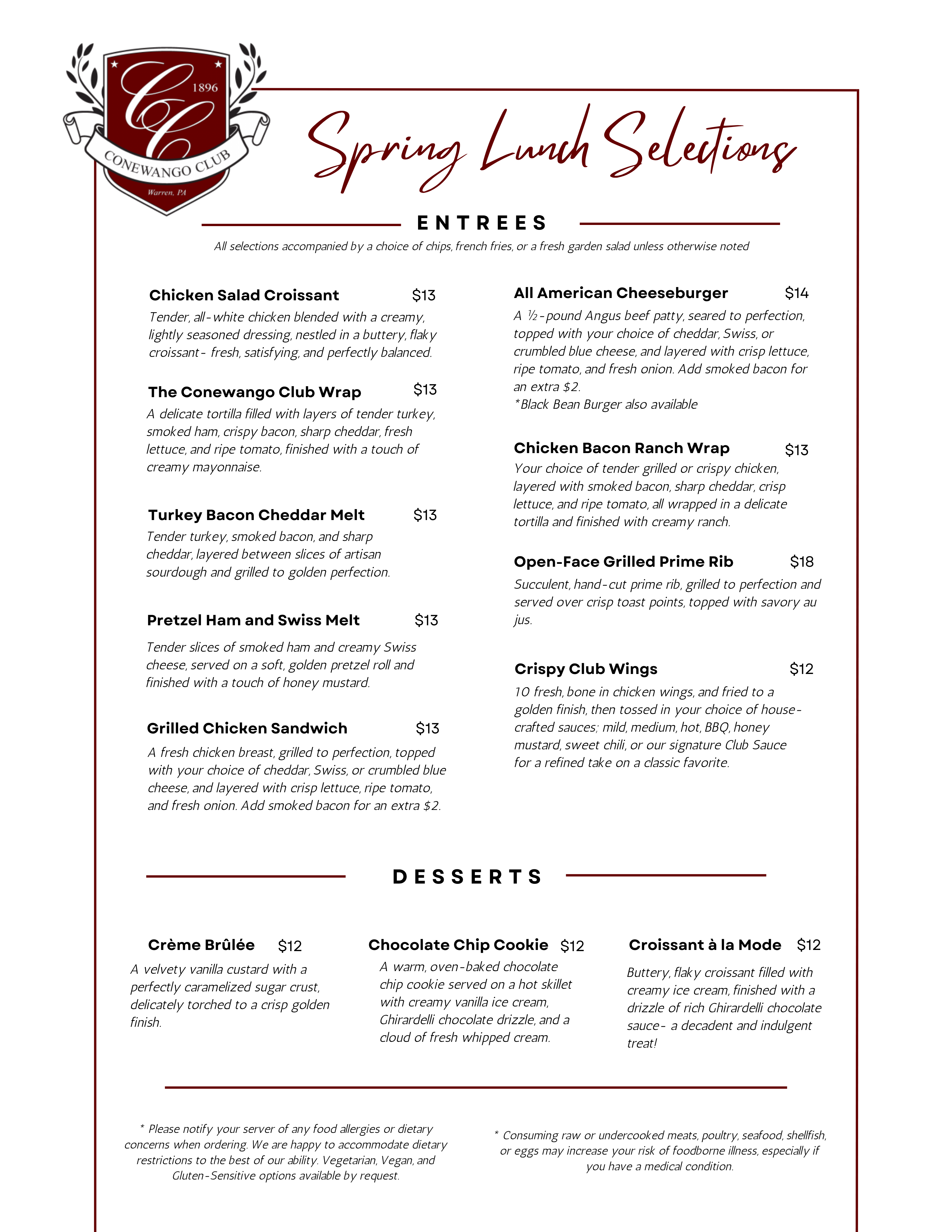 Spring 2026 Conewango Club Lunch Menu Page 2