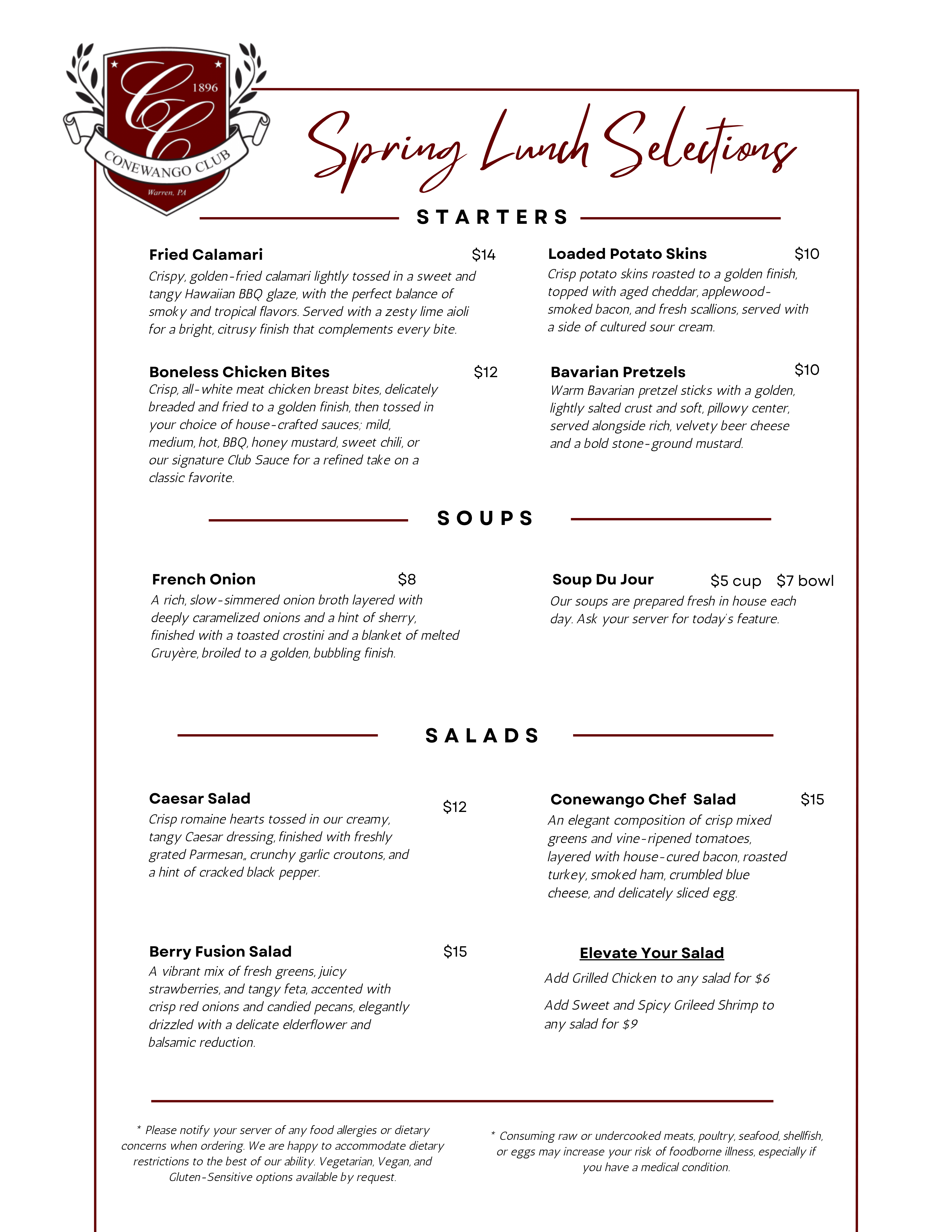 Spring 2026 Conewango Club Lunch Menu Page 1