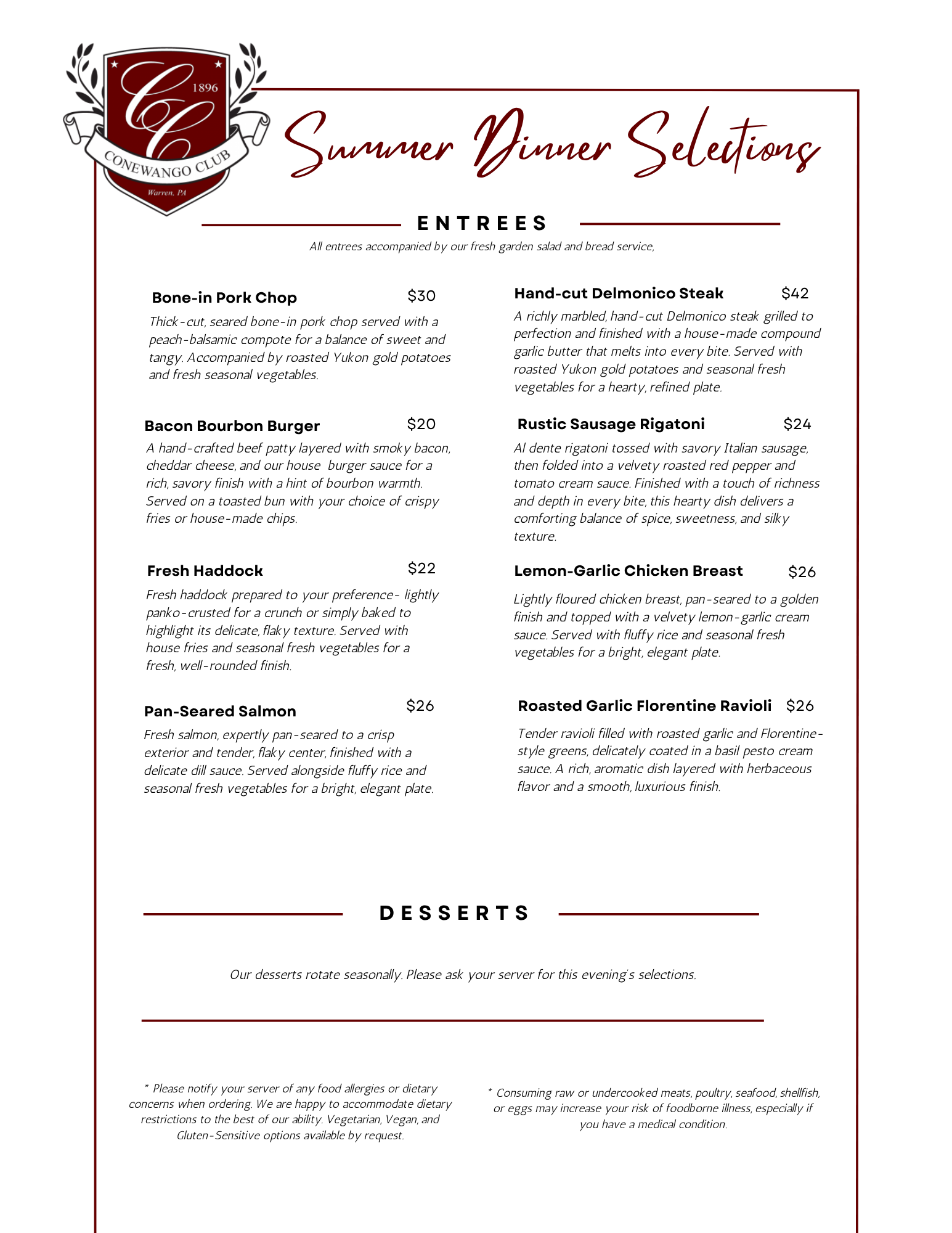 Summer Dinner Menu