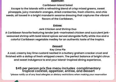 Summer Staycation Series at the Conewango Club Island Flavors Night Dinner Menu
